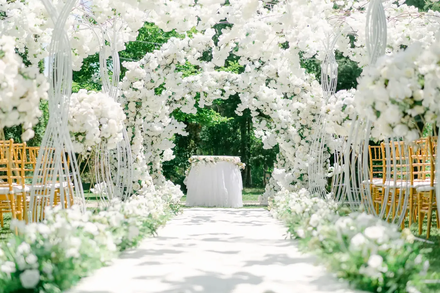 An outdoor ceremony aisle lined with white flowers, leading to a floral arch